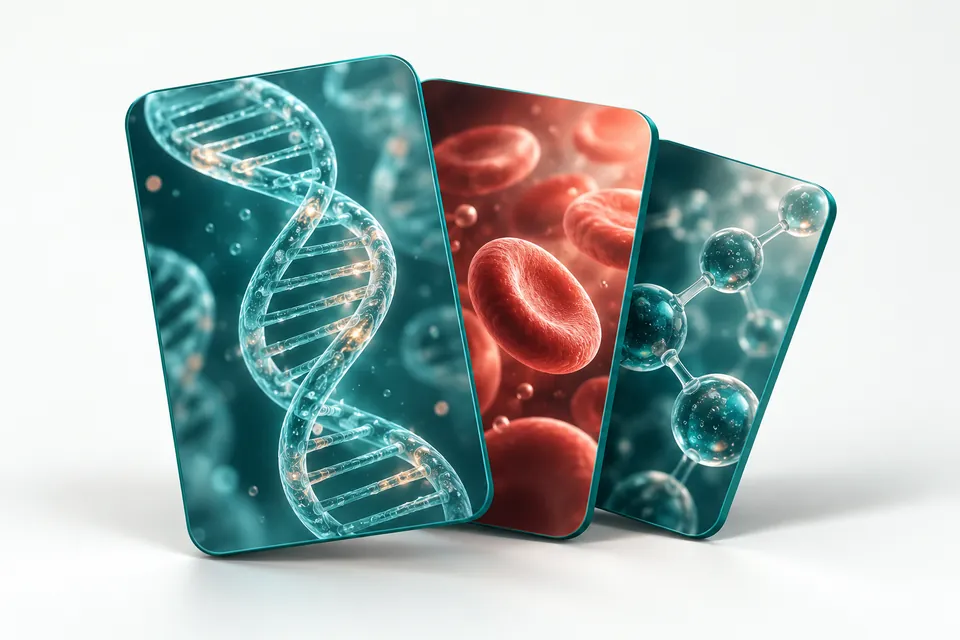 Ilustração conceitual de uma coleção de cenas com DNA, células do sangue e moléculas.